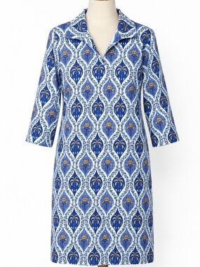 SCAPA Lauren Perre Blue Gold Palm Print Cotton Poplin Shift dress
